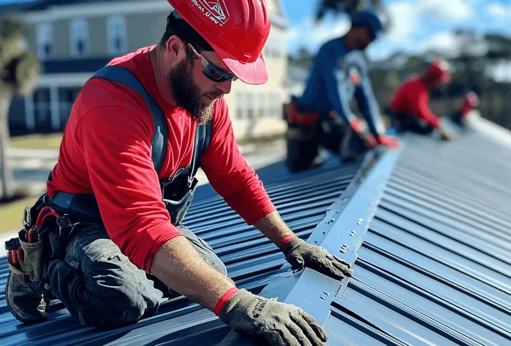 Triumph Roofing professionals installing a weather-resistant metal roof on a home in Charlotte, ensuring decades of durability